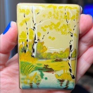 Antique Birch Aspen Tree Landscape Handpainted Enamel Brass Cigarette Case